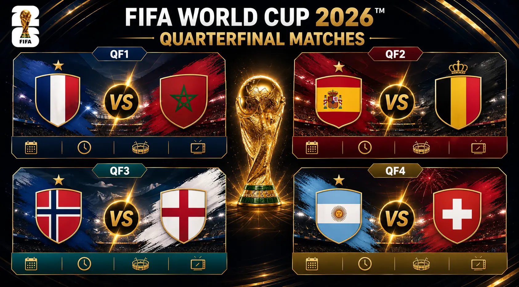 FIFA World Cup 2026 Quarterfinals — France vs Morocco, Spain vs Belgium, Norway vs England, Argentina vs Switzerland — Get Football ID from Shivay Exchange India